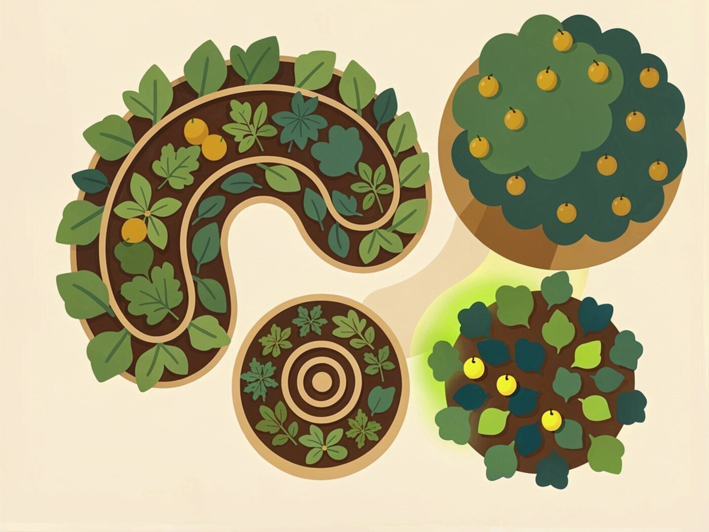 Overhead illustration of an edible garden plan with curving raised beds, a herb spiral and a fruit tree