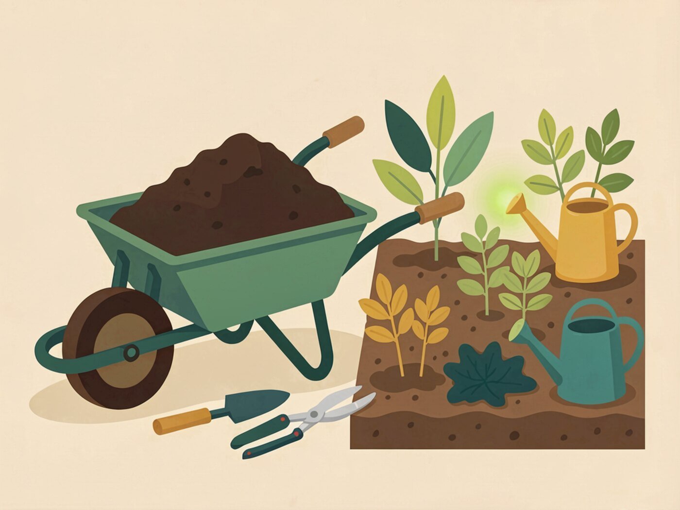 Illustration of a wheelbarrow of compost, a watering can, trowel and pruning shears beside a garden bed