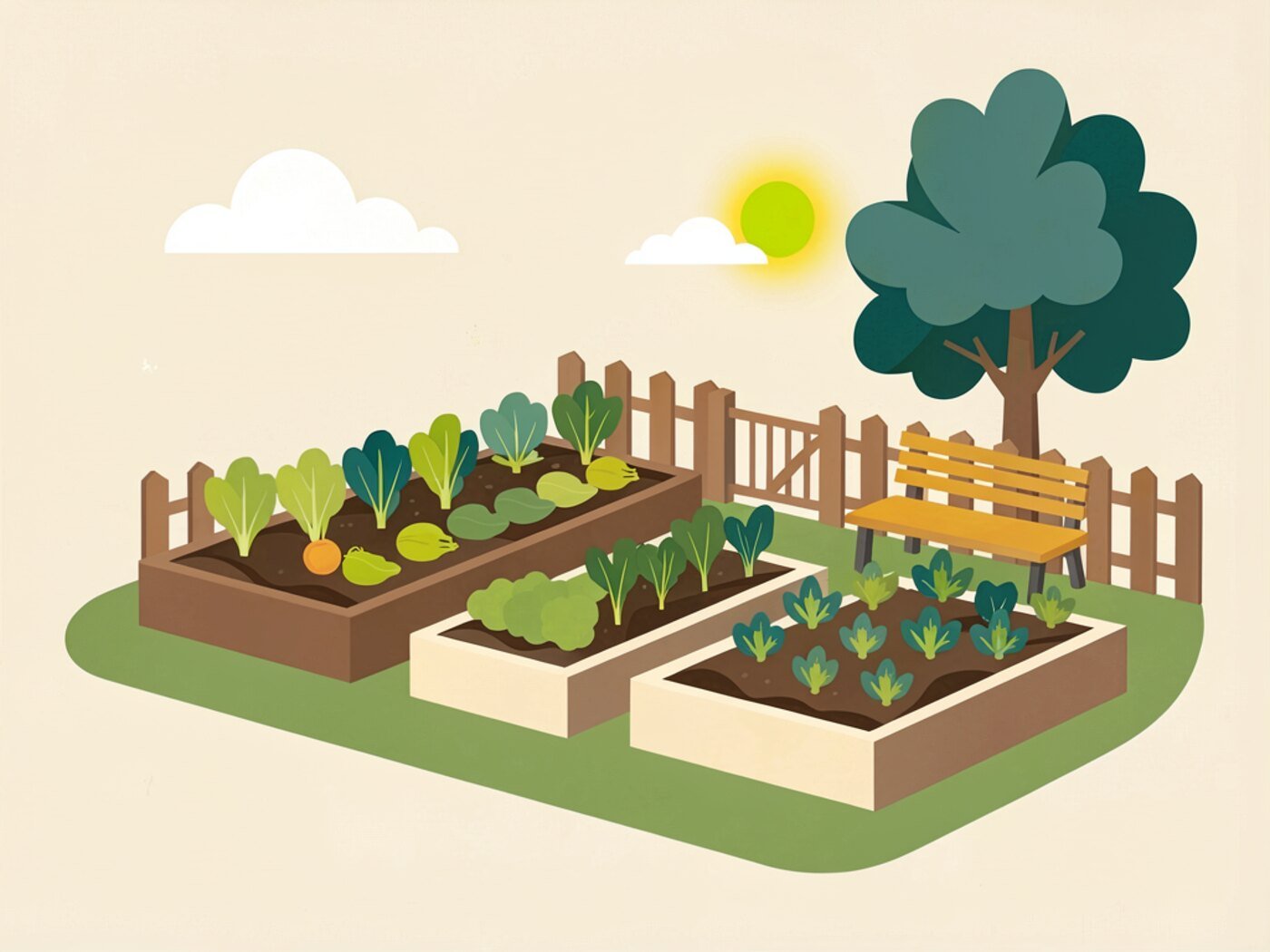 Illustration of a community garden with raised beds, a fence, a bench and a shade tree