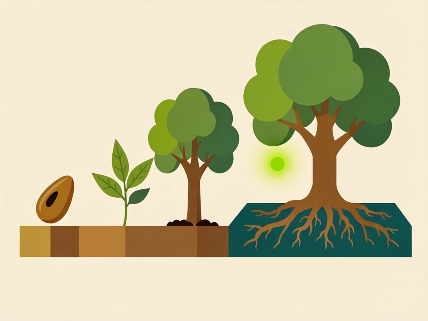Illustration of four stages of growth: a seed, a sprout, a young tree and a large tree with deep roots