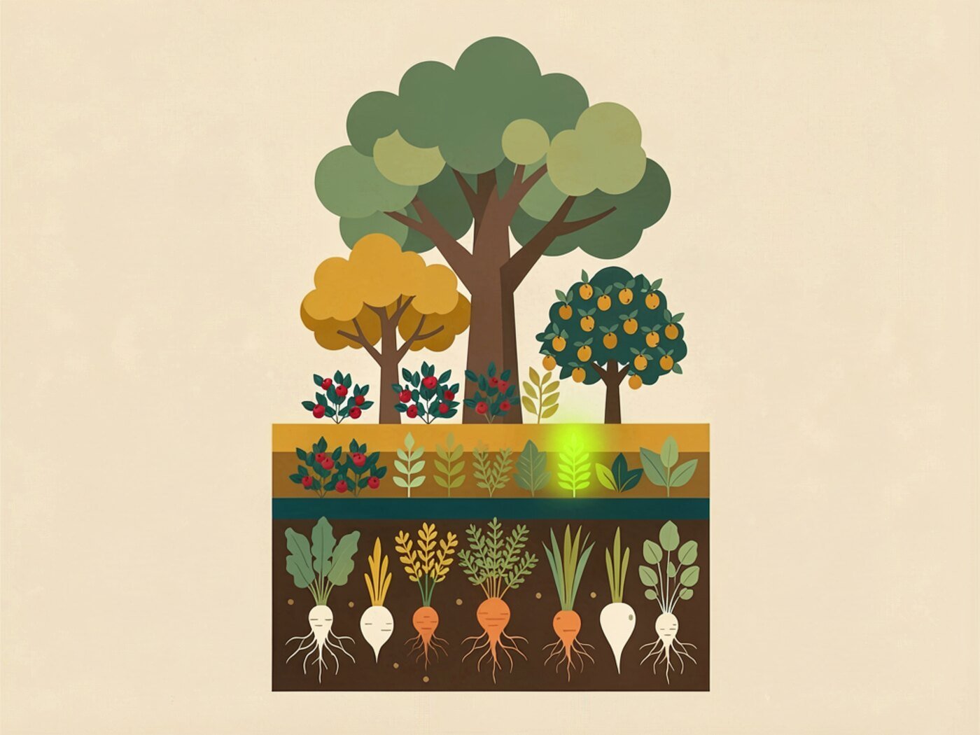 Cutaway illustration of a food forest with canopy trees, shrubs, herbs and root vegetables in layers