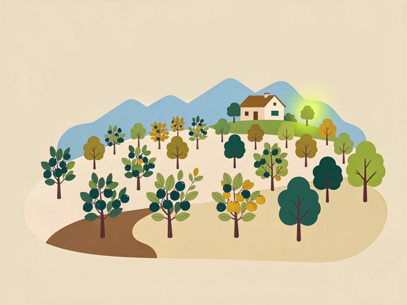Illustration of neat rows of berry shrubs and fruit trees on rolling hills with a farmhouse and mountains behind