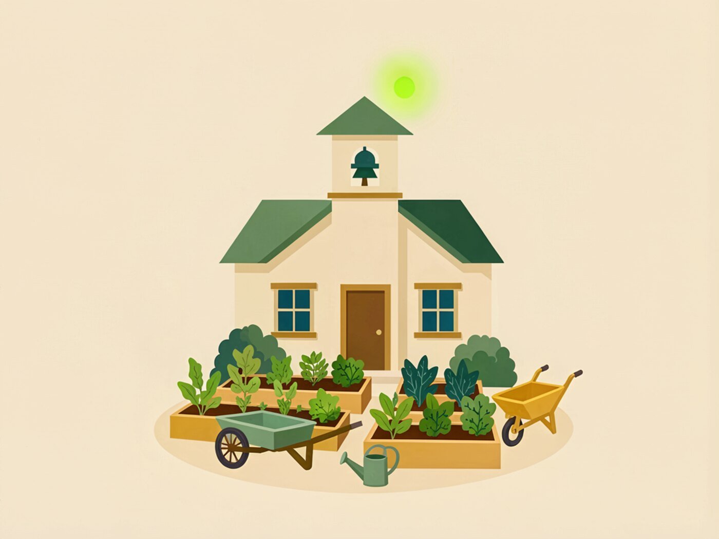 Illustration of a schoolhouse with a bell tower and a learning garden of raised beds in front