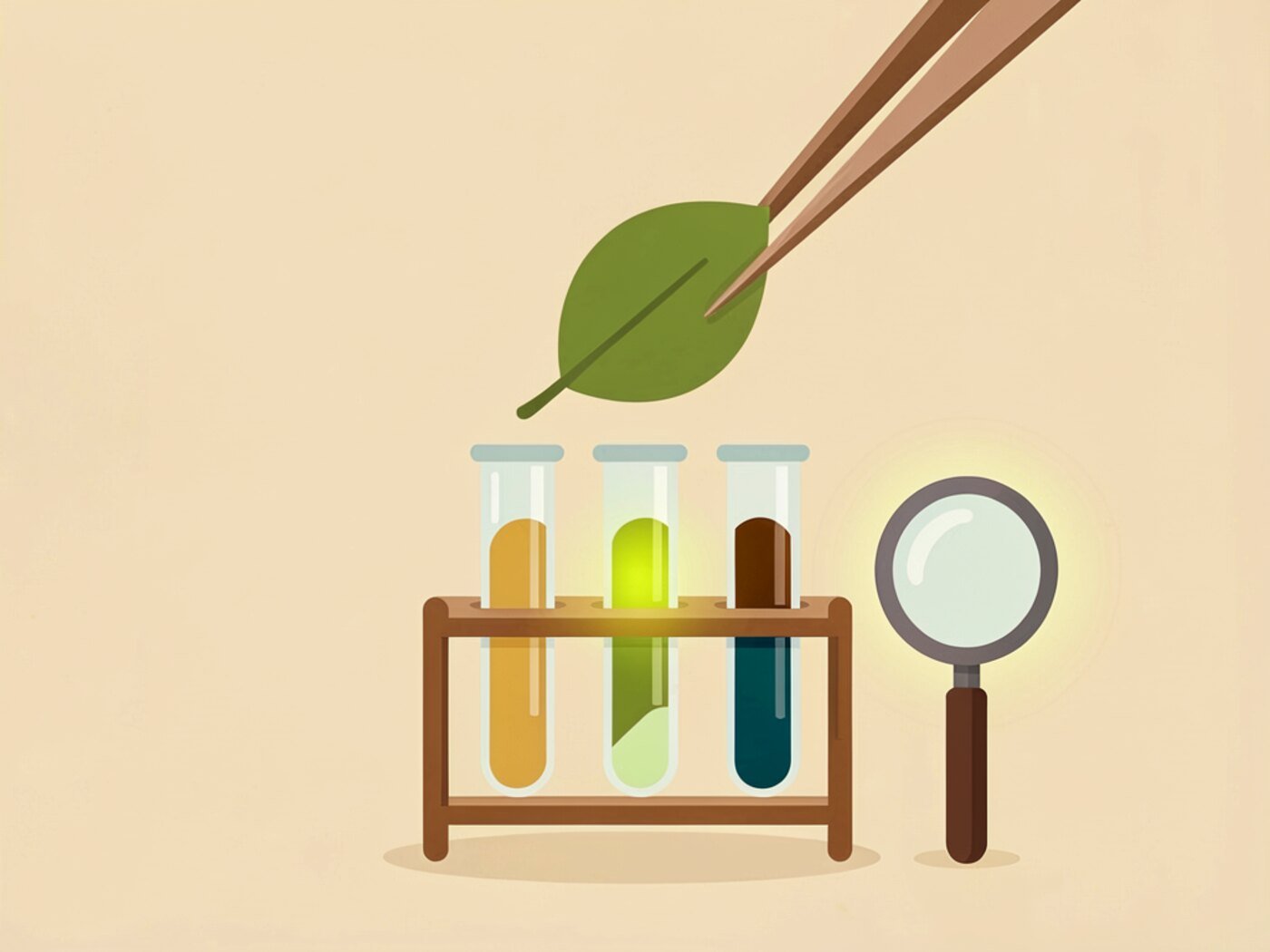 Illustration of a leaf held in tweezers above three test tubes with a magnifying glass