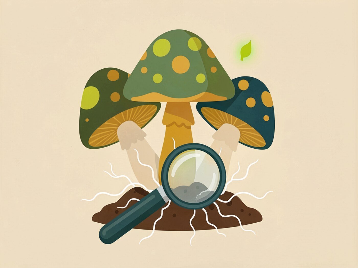Illustration of a cluster of mushrooms growing from soil with white mycelium threads and a hand lens