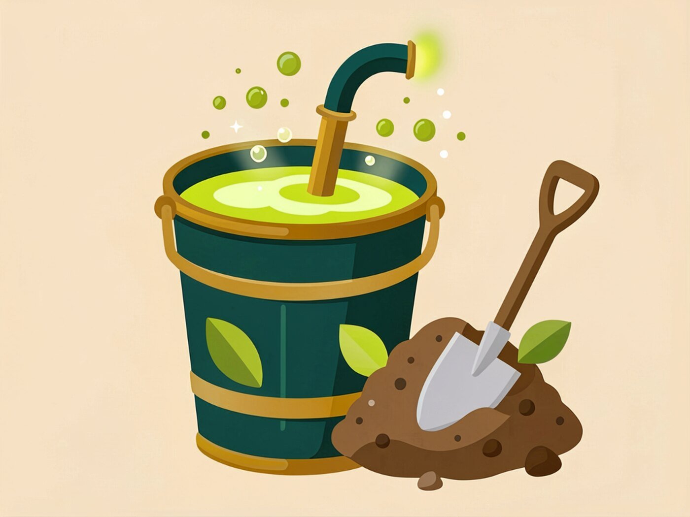 Illustration of a brewing bucket with a bubbling aerator beside a compost heap and a spade