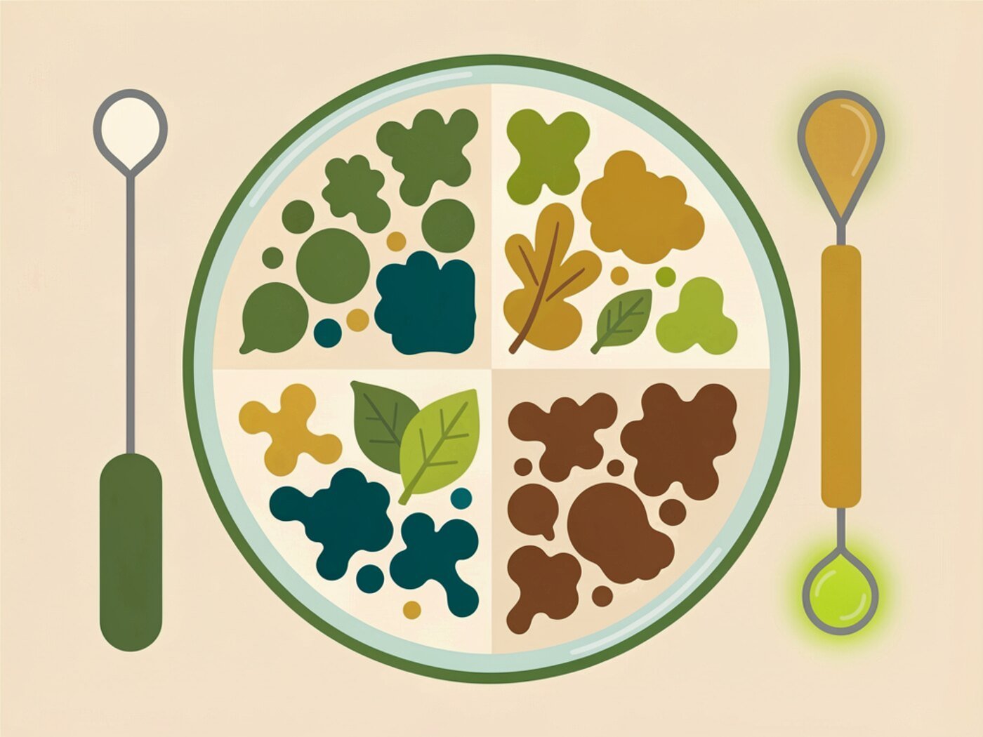 Illustration of a petri dish seen from above with four quadrants of colonies