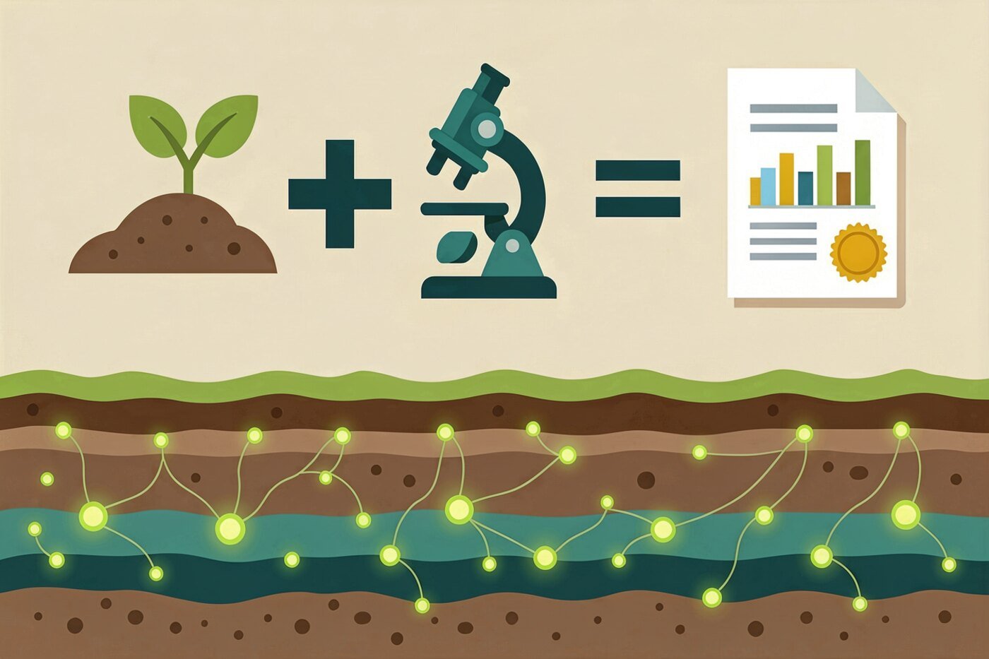 Illustration of a soil mound with a seedling plus a microscope equals a lab report with a gold seal, above layered soil strata with glowing nodes