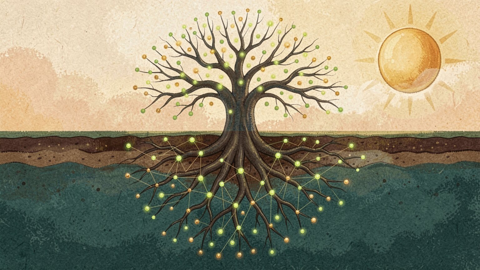 A tree above and its mirrored roots below the soil line: branches dotted with small glowing lights above, roots joined by glowing nodes below, a golden sun at the right (soft painterly illustration)