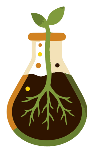 Round flask of soil with a seedling and roots