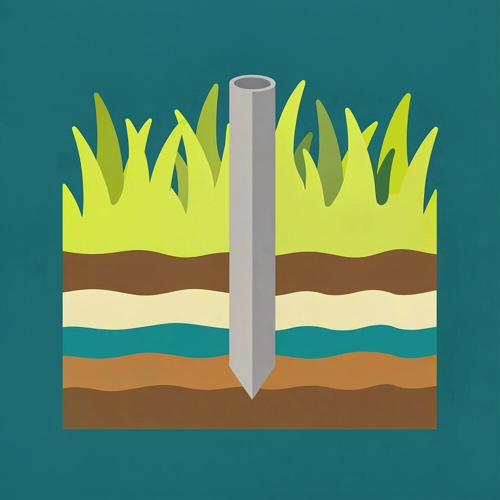 A soil corer above the grass in a cross-section of the ground