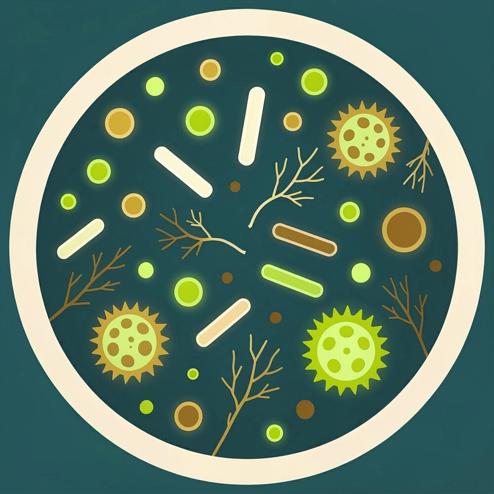 A microscope view full of glowing microbes