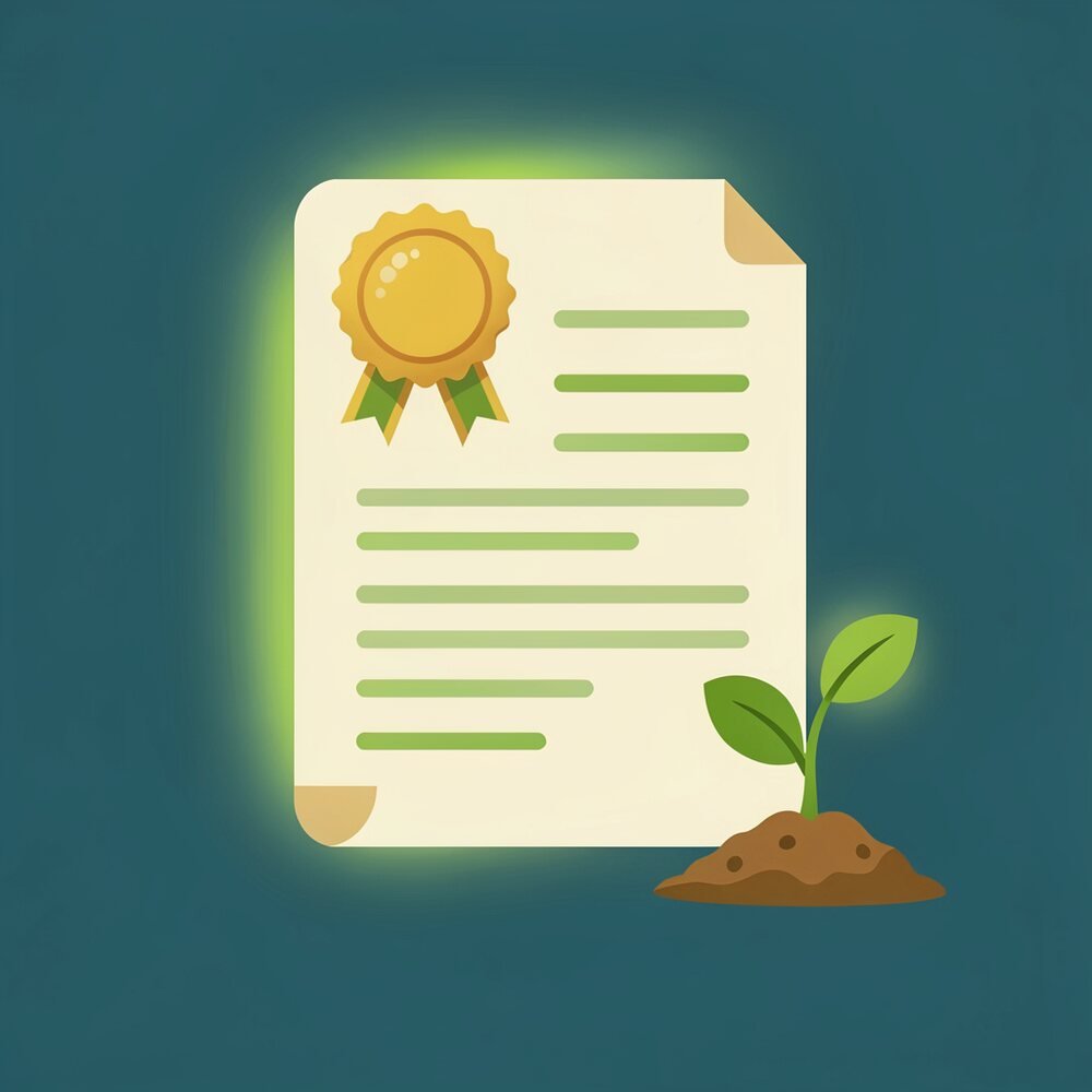 A certified report with a gold seal and a sprout